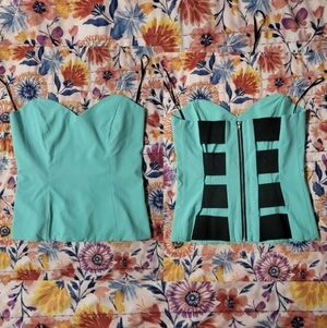 audrey strapless bustier top with strappy cutout zip back turquoise size small